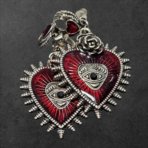Love All Seing Dangle Earrings Rose & Heart Spikes Mystical Eye Red Enamel Goth - Picture 2 of 15